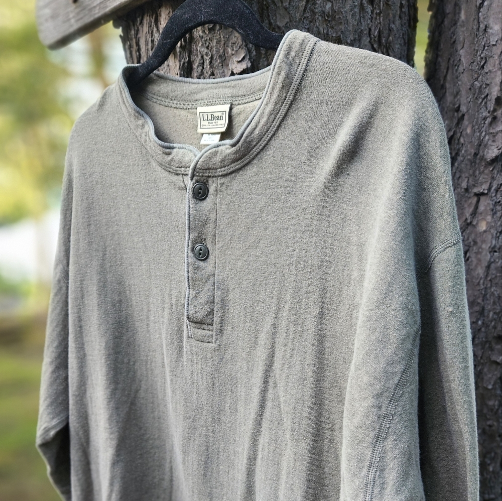 Men's XL L.L. Bean Green/Gray Henley Shirt, Made In Canada, Wool/Cotton Blend